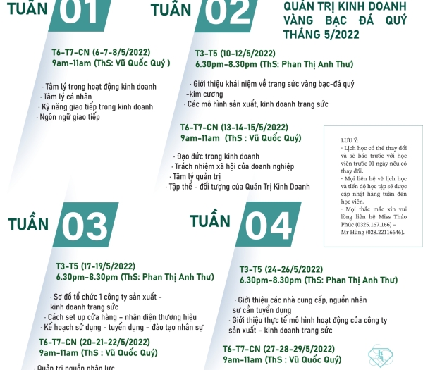 LỊCH HỌC KHÓA QUẢN TRỊ KINH DOANH VÀNG BẠC ĐÁ QUÝ THÁNG 5